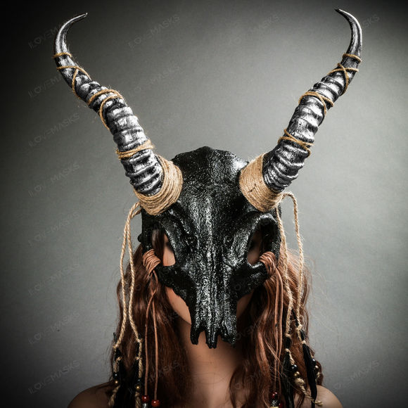 Antelope Devil Animal Skull with Silver Impala Horns Masquerade Mask - Black - Picture 10 of 10